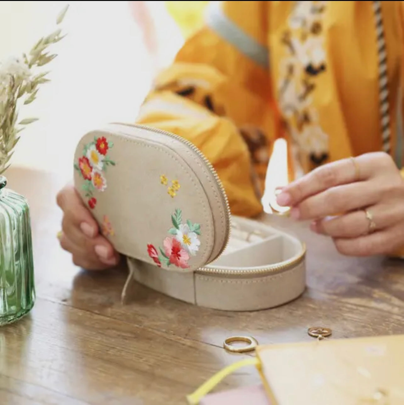 Embroidered Flowers Oval Jewelry Box